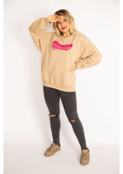 Kadın Camel Içi Şardonlu 3 Iplik Kumaş Sırtı Dijital Baskılı Sweatshirt 65N35082 fiyatları