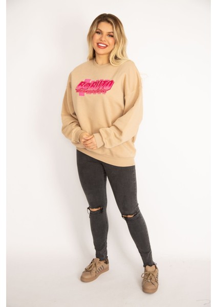 Kadın Camel Içi Şardonlu 3 Iplik Kumaş Sırtı Dijital Baskılı Sweatshirt 65N35082 modelleri