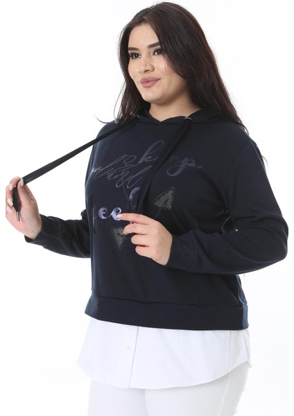Kadın Büyük Beden Lacivert Alt Kısmı Çıkarılabilir Gömlek Görünümlü Sweatshirt 65N38629