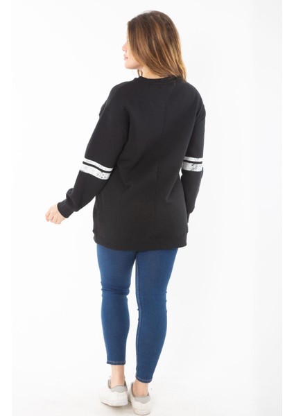 Kadın Büyük Beden Siyah Içi Şardonlu Üç Iplik Sweatshirt 65N37295