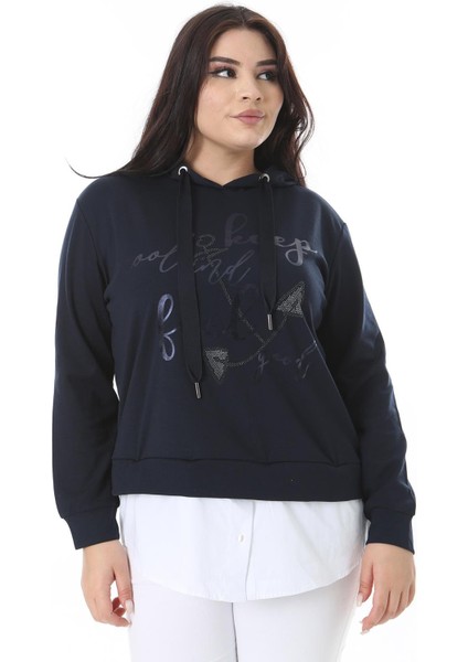 Kadın Büyük Beden Lacivert Alt Kısmı Çıkarılabilir Gömlek Görünümlü Sweatshirt 65N38629