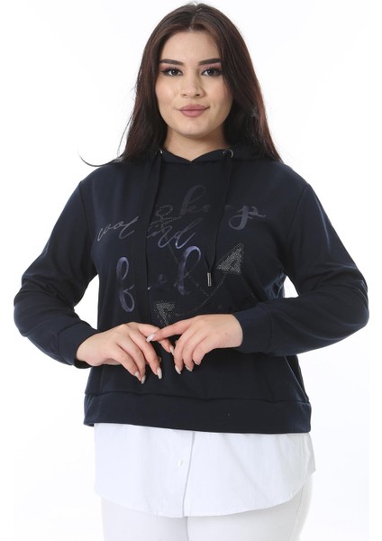 Kadın Büyük Beden Lacivert Alt Kısmı Çıkarılabilir Gömlek Görünümlü Sweatshirt 65N38629