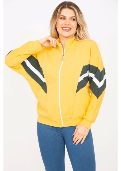 Kadın Pembe 2 Iplik Kumaş Ön Fermuar ve Şerit Detaylı Sweatshirt 65N35299