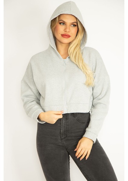 Kadın Gri Içi Şardonlu 2 Iplik Kumaş Kapşonlu Sweatshirt 65N35076