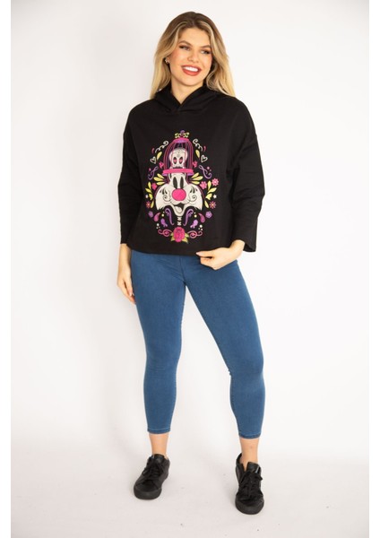Kadın Siyah Dijital Baskılı Kapşonlu Sweatshirt 65N35083 fiyatları