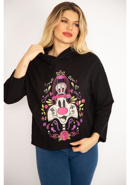 Kadın Siyah Dijital Baskılı Kapşonlu Sweatshirt 65N35083 modelleri