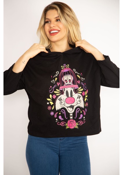 Kadın Siyah Dijital Baskılı Kapşonlu Sweatshirt 65N35083 indirimleri