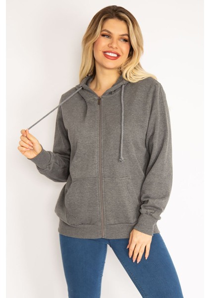 Kadın Gri Sırtı Çift Fermuar ve Çıtçıt Düğme ve Ön Fermuarlı Içi Şardonlu Sweatshirt 65N35069 indirimleri