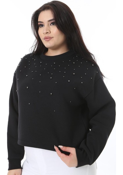 Kadın Büyük Beden Siyah Taş Detaylı Içi Şardonlu Sweatshirt 65N38632