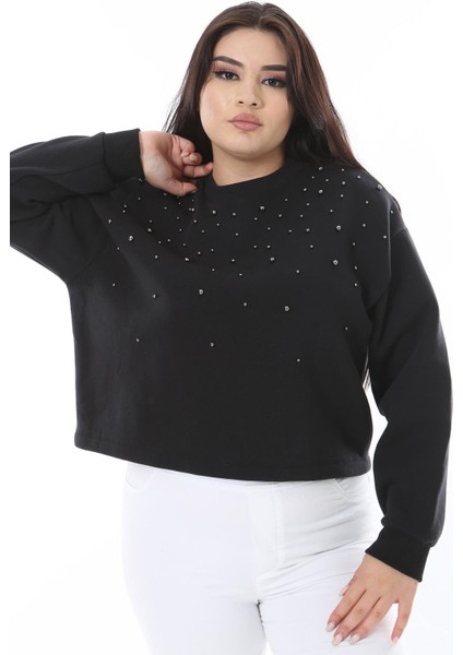 Kadın Büyük Beden Siyah Taş Detaylı Içi Şardonlu Sweatshirt 65N38632