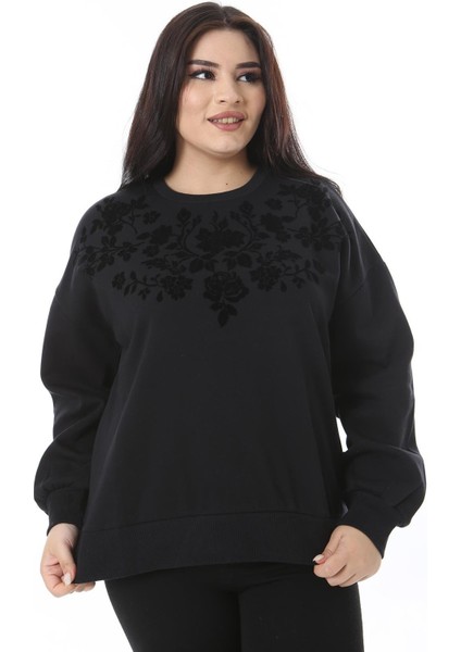 Kadın Büyük Beden Siyah 3 Iplik Içi Şardonlu Flok Baskılı Sweatshirt 65N38646