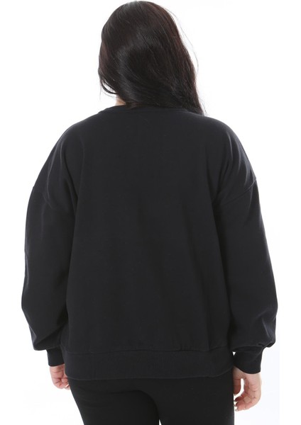 Kadın Büyük Beden Siyah 3 Iplik Içi Şardonlu Flok Baskılı Sweatshirt 65N38646