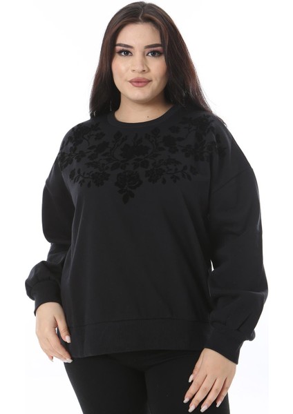 Kadın Büyük Beden Siyah 3 Iplik Içi Şardonlu Flok Baskılı Sweatshirt 65N38646