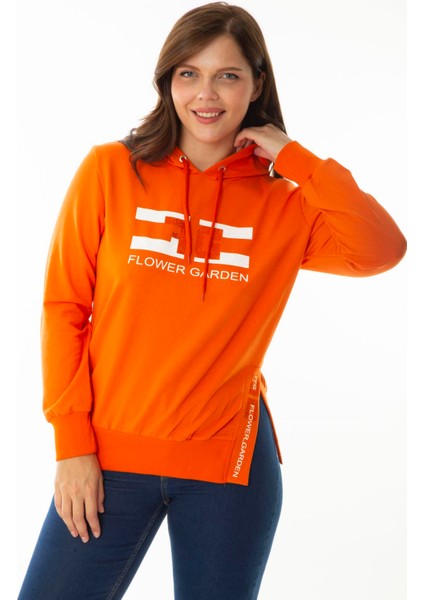 Kadın Büyük Beden Oranj Taş ve Baskı Detaylı Kapşonlu Yan Yırtmaçlı Sweatshirt 65N36867 fırsatları