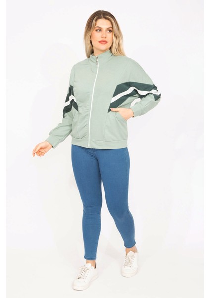 Kadın Pembe 2 Iplik Kumaş Ön Fermuar ve Şerit Detaylı Sweatshirt 65N35299