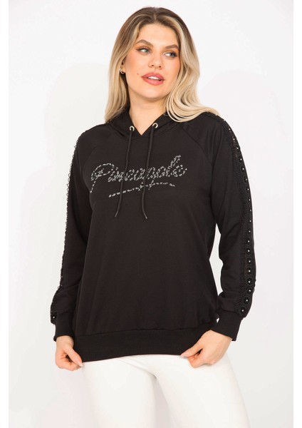 Kadın Siyah Taş ve Dantel Detaylı Kapşonlu Sweatshirt 65N35309