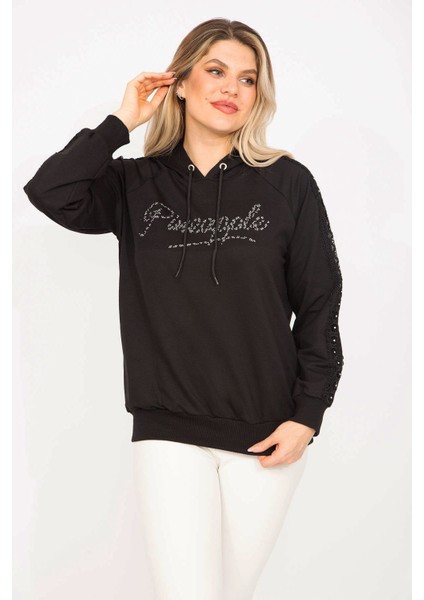 Kadın Siyah Taş ve Dantel Detaylı Kapşonlu Sweatshirt 65N35309 fiyatları
