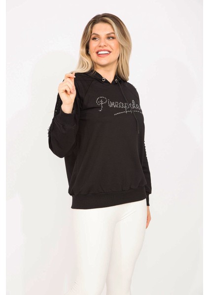 Kadın Siyah Taş ve Dantel Detaylı Kapşonlu Sweatshirt 65N35309 modelleri