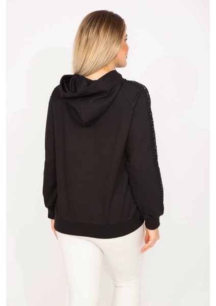 Kadın Siyah Taş ve Dantel Detaylı Kapşonlu Sweatshirt 65N35309 fırsatları
