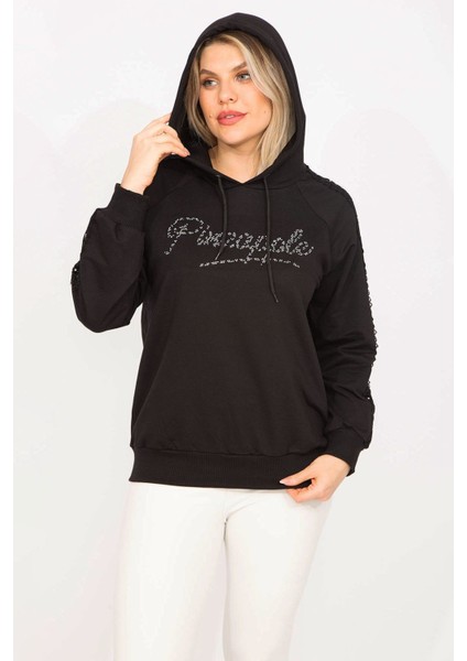 Kadın Siyah Taş ve Dantel Detaylı Kapşonlu Sweatshirt 65N35309 indirimleri