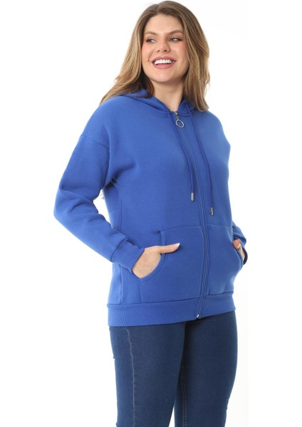 Kadın Büyük Beden Saks Içi Şardonlu 3 Iplik Ön Fermuarlı Kapşonlu Sweatshirt 65N37114