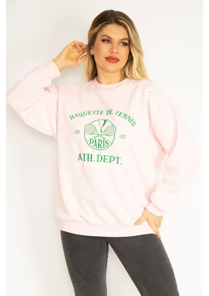 Kadın Pembe 3 Iplik Içi Şardonlu Polar Nakışlı Sweatshirt 65N35073