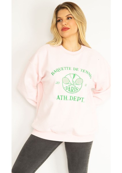 Kadın Pembe 3 Iplik Içi Şardonlu Polar Nakışlı Sweatshirt 65N35073