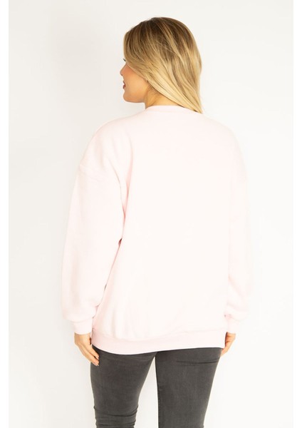 Kadın Pembe 3 Iplik Içi Şardonlu Polar Nakışlı Sweatshirt 65N35073