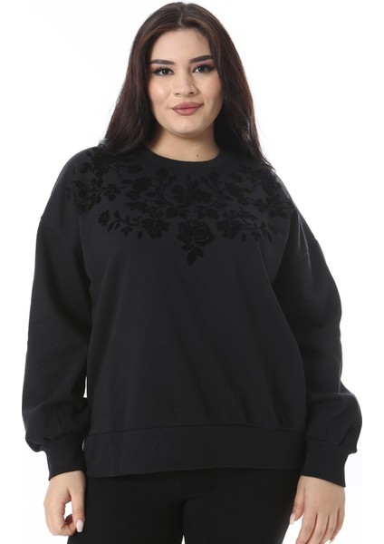 Kadın Büyük Beden Siyah 3 Iplik Içi Şardonlu Flok Baskılı Sweatshirt 65N38646