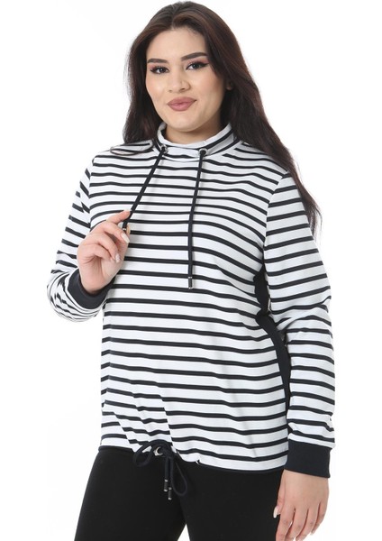 Kadın Büyük Beden Kemik Yaka ve Etek Ucu Kuşgözü Bağcık Detaylı Likralı Sweatshirt 65N38626