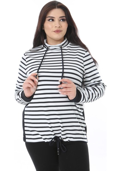 Kadın Büyük Beden Kemik Yaka ve Etek Ucu Kuşgözü Bağcık Detaylı Likralı Sweatshirt 65N38626 fiyatları