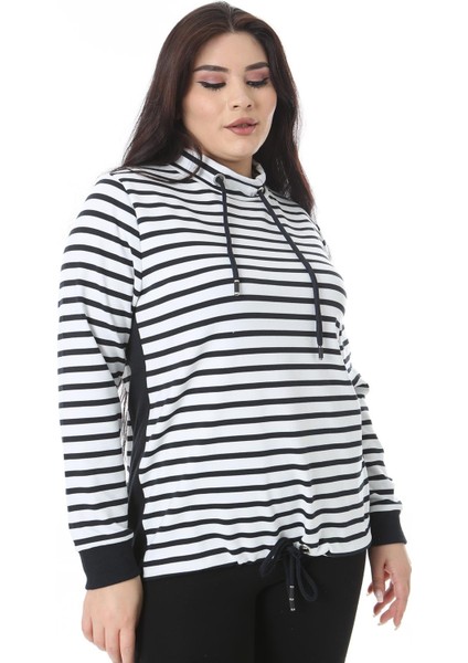 Kadın Büyük Beden Kemik Yaka ve Etek Ucu Kuşgözü Bağcık Detaylı Likralı Sweatshirt 65N38626 modelleri