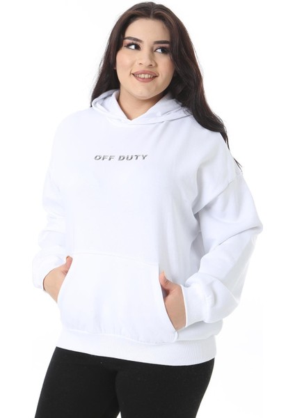 Kadın Büyük Beden Beyaz Iki Iplik Içi Şardonlu Arka Baskılı Sweatshirt 65N38624