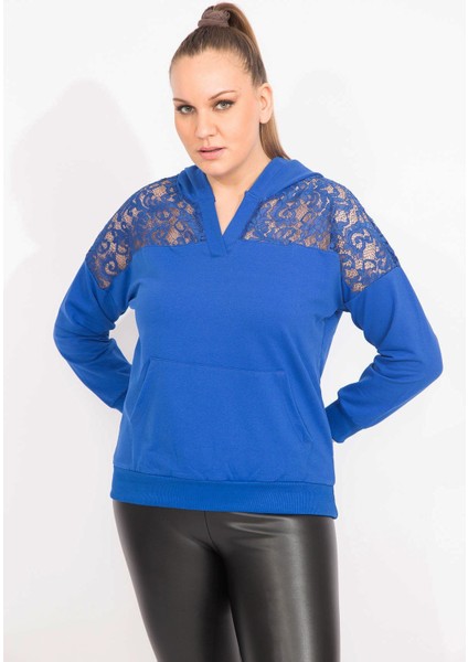 Kadın Saks Robası Dantel ve Kapşon Detaylı Kanguru Cepli Sweat Shirt 65N35463