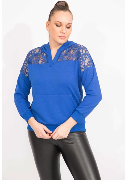 Kadın Saks Robası Dantel ve Kapşon Detaylı Kanguru Cepli Sweat Shirt 65N35463 fırsatları