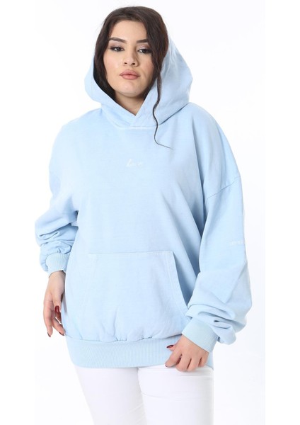 Kadın Büyük Beden Bebe Mavisi 3 Iplik Içi Şardonlu Kanguru Cepli Kapşonlu Sweatshirt 65N38607 fiyatları