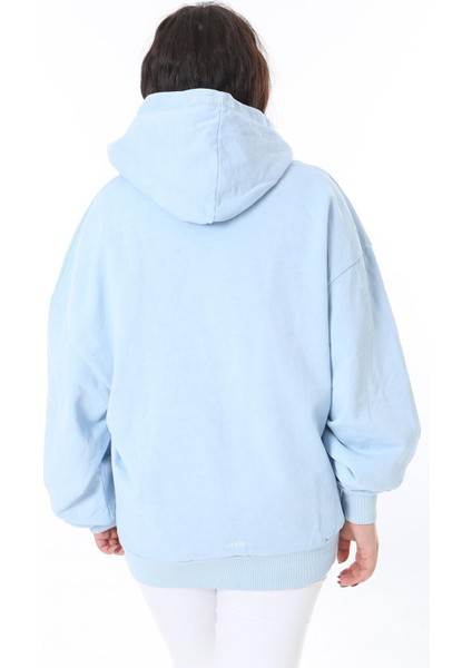 Kadın Büyük Beden Bebe Mavisi 3 Iplik Içi Şardonlu Kanguru Cepli Kapşonlu Sweatshirt 65N38607 fırsatları