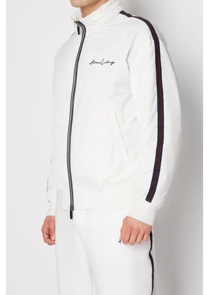 Erkek Kontrast Renkli Blok Yazılı Logolu Mont-Beyaz