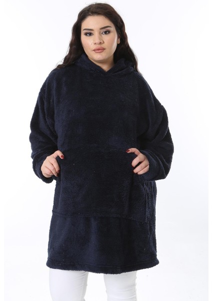 Kadın Büyük Beden Lacivert Kapşonlu Peluş Sweatshirt 65N38573 fiyatları