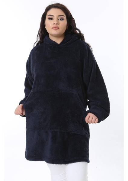 Kadın Büyük Beden Lacivert Kapşonlu Peluş Sweatshirt 65N38573 modelleri