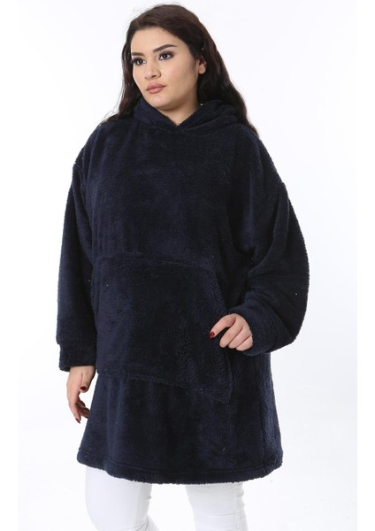 Kadın Büyük Beden Lacivert Kapşonlu Peluş Sweatshirt 65N38573 fırsatları
