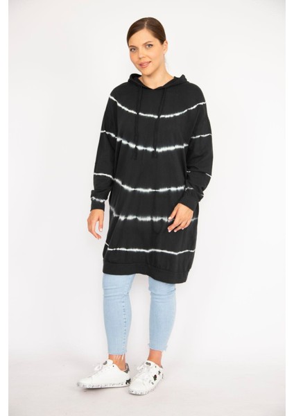 Kadın Büyük Beden Siyah Batik Desenli Kapşonlu Uzun Sweatshirt
