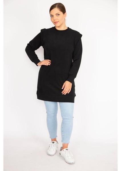Kadın Büyük Beden Siyah 3 Iplik Omuz Detaylı Sweatshirt Elbise