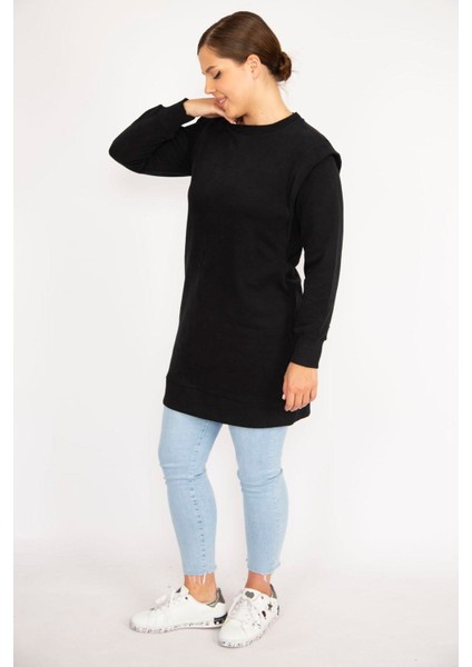 Kadın Büyük Beden Siyah 3 Iplik Omuz Detaylı Sweatshirt Elbise fırsatları
