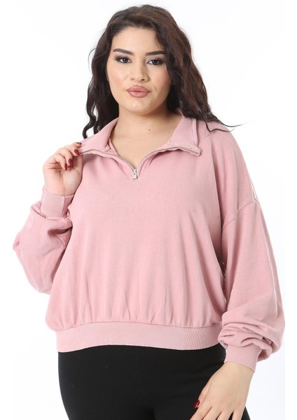Kadın Büyük Beden Pembe Ön Pat Fermuarlı Sweatshirt 65N38617 fiyatları