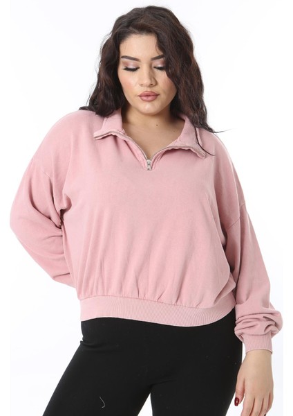 Kadın Büyük Beden Pembe Ön Pat Fermuarlı Sweatshirt 65N38617 fırsatları