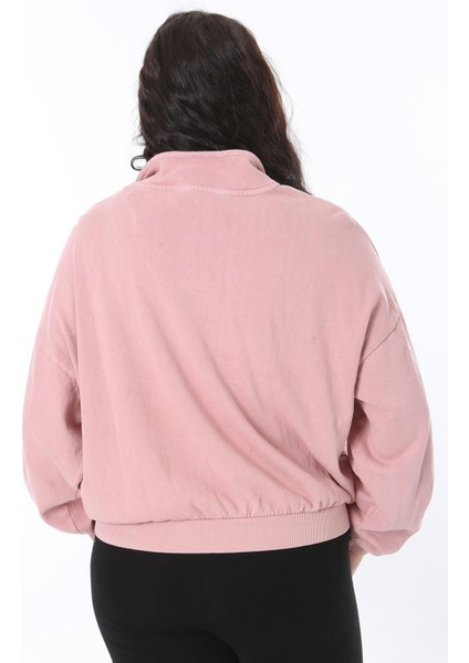 Kadın Büyük Beden Pembe Ön Pat Fermuarlı Sweatshirt 65N38617 indirimleri