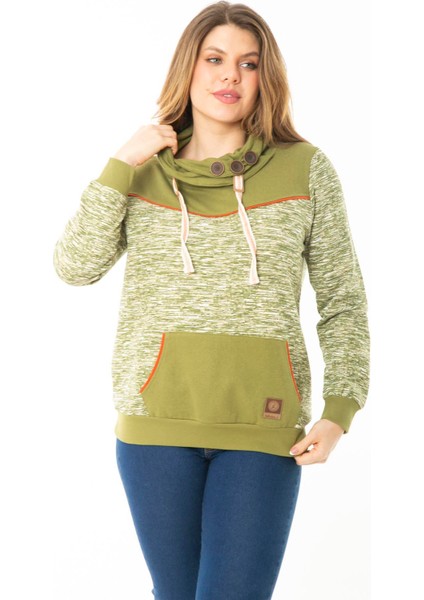 Kadın Büyük Beden Kuşgözü Bağcık ve Süs Düğme Detaylı Kanguru Cepli Dik Yaka Sweatshirt 65N37122