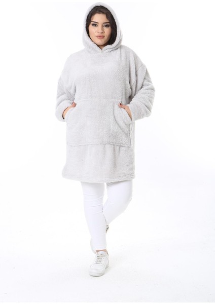 Kadın Büyük Beden Gri Kapşonlu Peluş Sweatshirt 65N38573