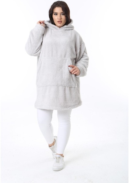 Kadın Büyük Beden Gri Kapşonlu Peluş Sweatshirt 65N38573 modelleri